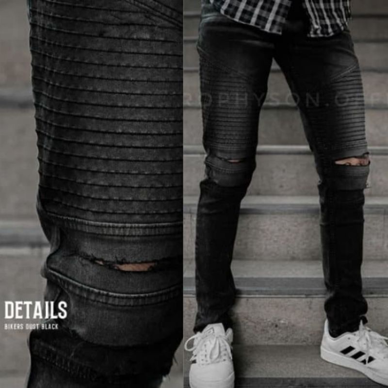 [BIKERS RIDER RIPPED] Celana jeans pria sobek lutut ripped jeans celana panjang hitam pria street