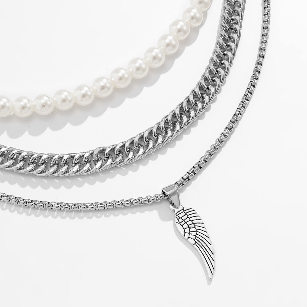 Kalung Rantai Multilayer Liontin Bulu Aksen Mutiara Gaya Retro Eropa Amerika Untuk Pria