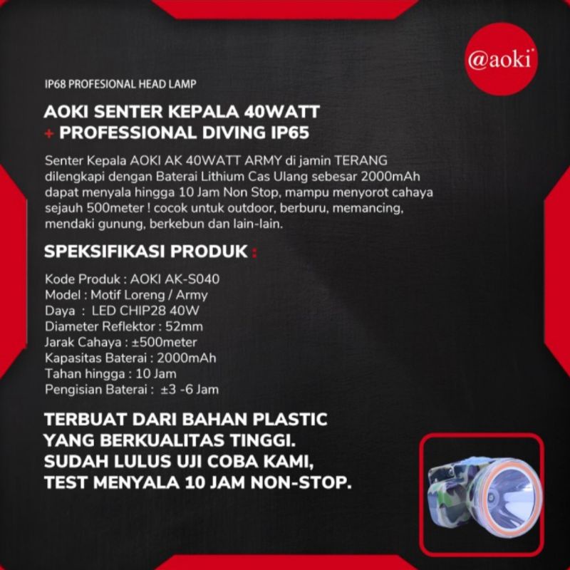 Senter Kepala 40 Watt Aoki tahan 10 Jam