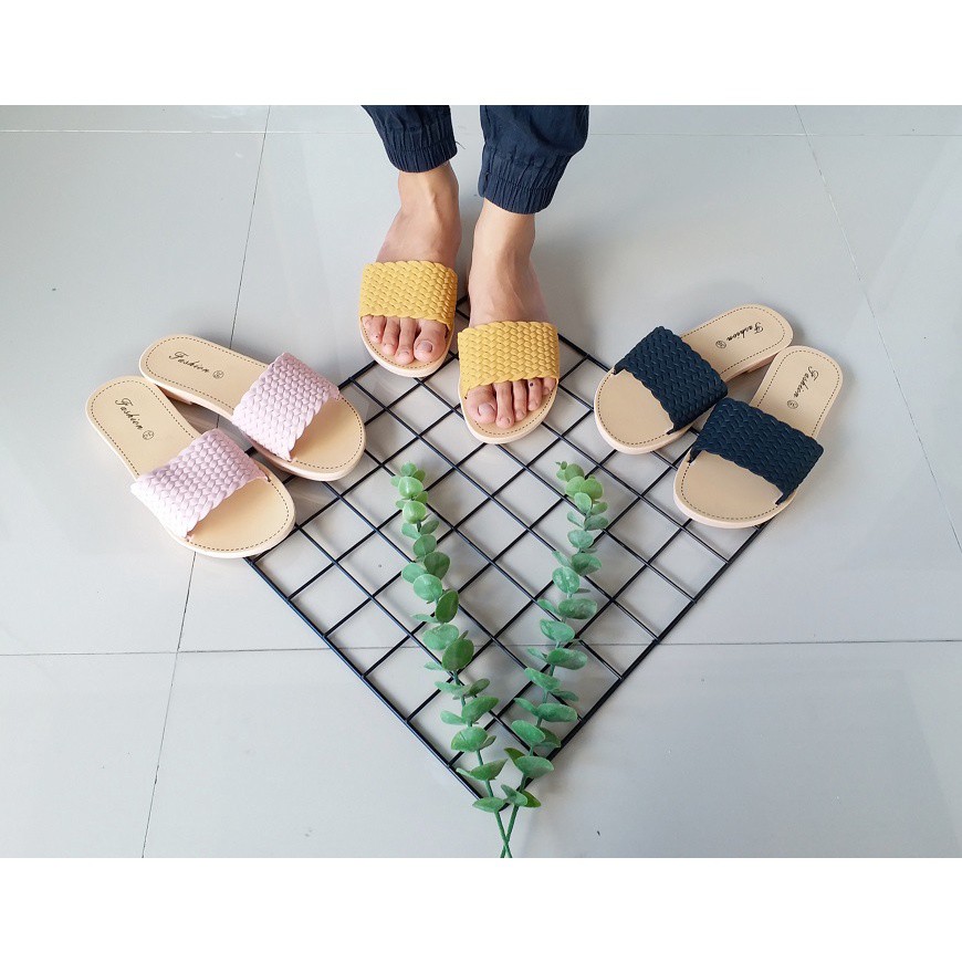 BB PUFFY Import TIKAR RAJUT Sandal Wanita Murah Slip Casual Teplek Sandal Cewek Flat