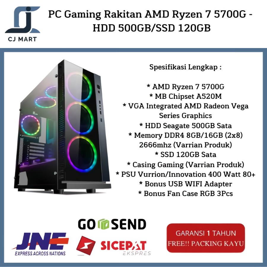 PC Gaming Rakitan AMD Ryzen 7 5700G HDD 500GB / SSD 120GB Sata