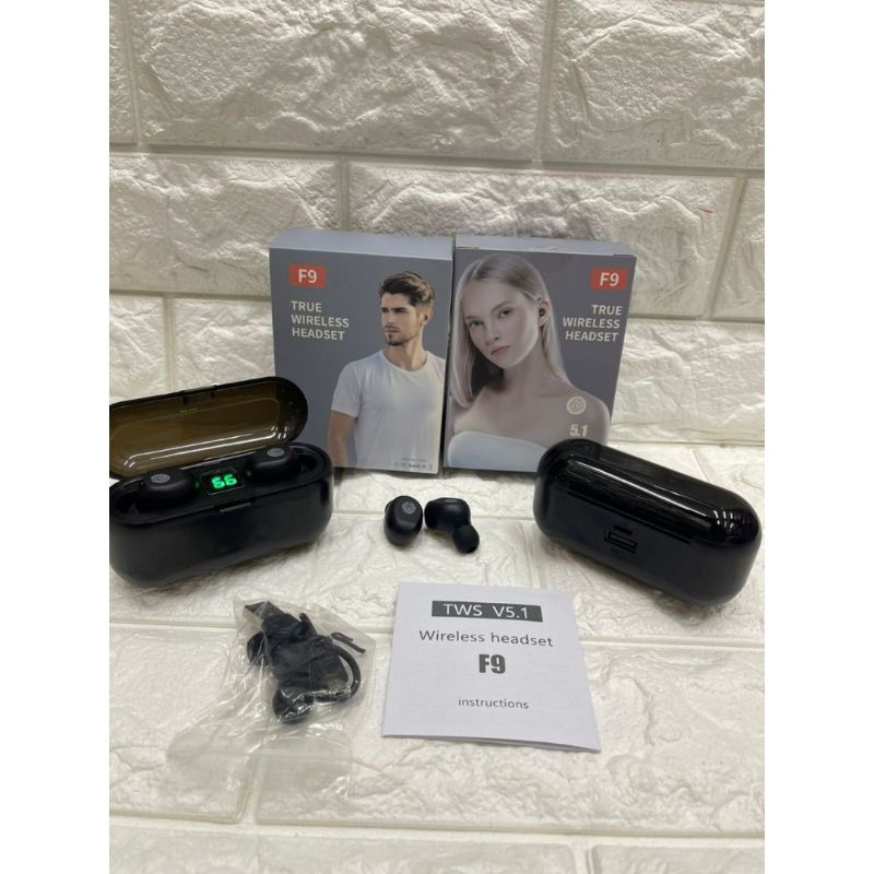 Earphone Headset Handsfree Bluetooth Wireless TWS F9 + bisa jadi powerbank buat Charge