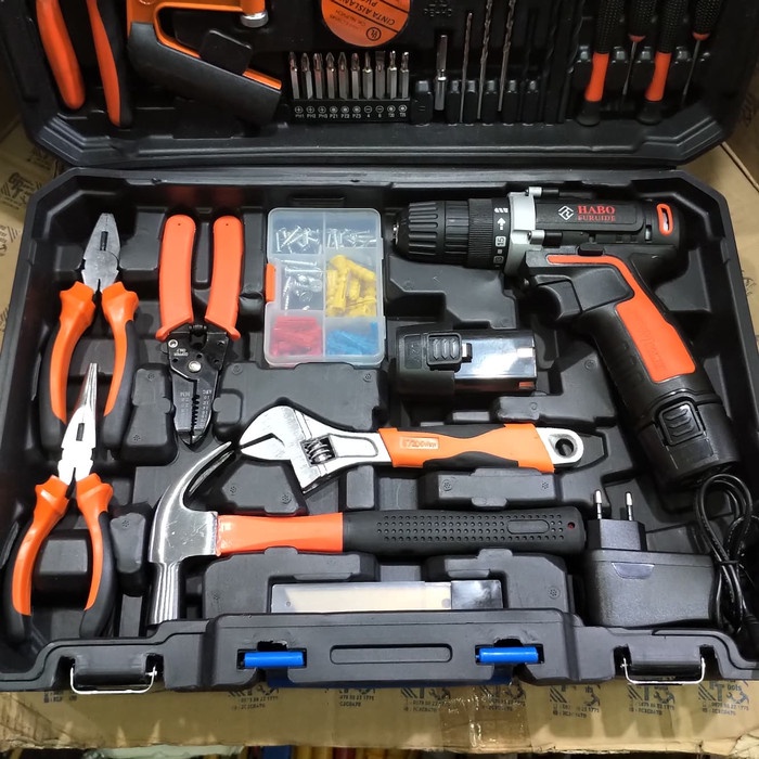 Paket Toolkit Toolbox Mesin Bor Baterai Bor Cordless 112pc