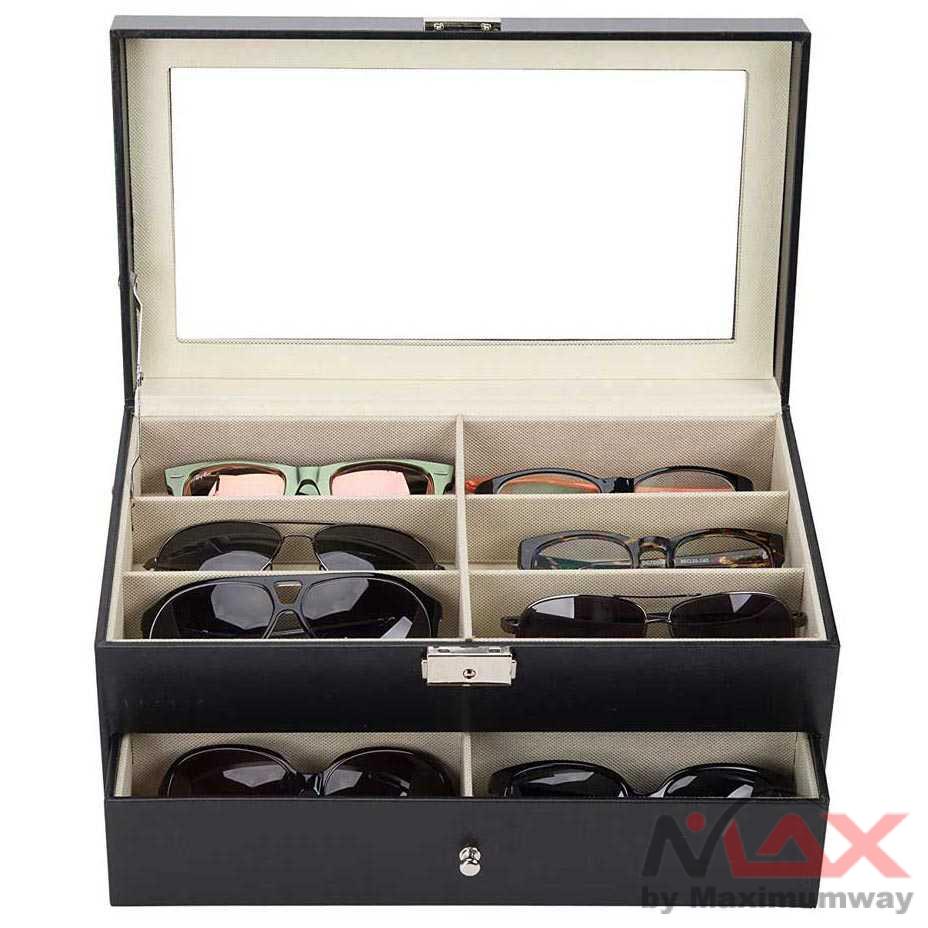 Kotak Organizer Kacamata Kotak Penyimpanan Kacamata Eyeglasses Sunglasses Box 12 Slot Leather 12 Piece Eyeglasses Storage and Sunglass Glasses Display Drawer Lockable Case Organizer PU Leather Watch glasses jewelry storage box Watch Jewelry glasses dust