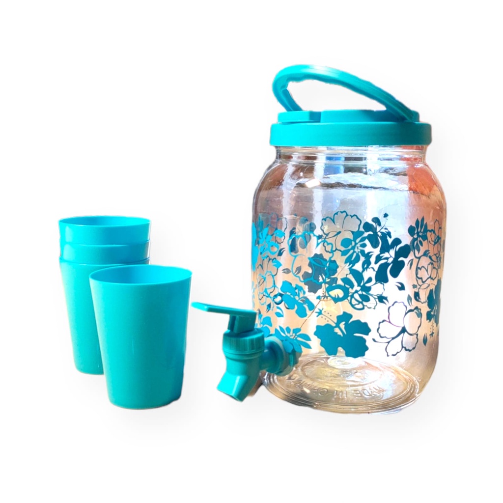 Drink Jar Set Gelas / Drink Jar Set Ukuran 2.5 Liter Isi 5 Pcs / Set Dispenser Mini 2,5 Liter Dan Empat Gelas