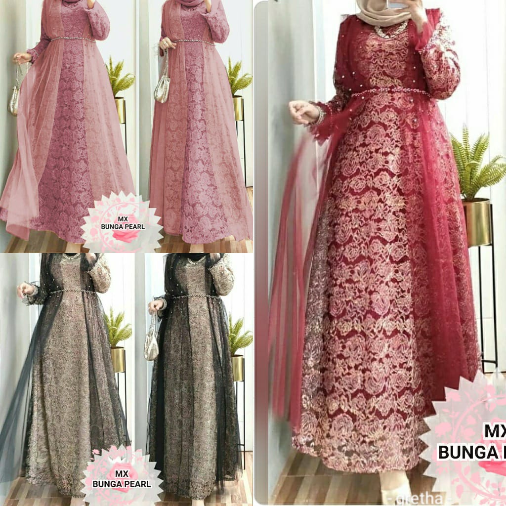 MX BUNGA PEARL GAMIS FASHION WANITA / BAJU PESTA /BRUKAT IMPORT ORIGINAL /MUTIARA TEMBAK