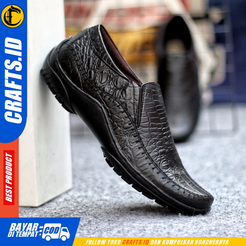 Sepatu Slip On Pria Sepatu Casual Pria Formal Kulit Asli Sepatu Pantofel Kerja Kantor Kuliah Kondangan Sepatu Slop Pria Sepatu Hitam Pria CRAFTS CROCO