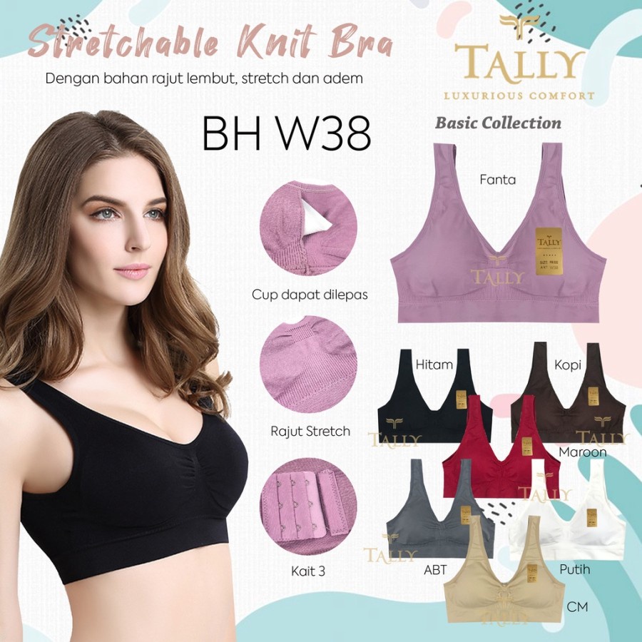 BH SPORT W38 TALLY PAKE KAIT - BISA KAIT BUSA COPOT PASANG - TALLY Bra Tanpa Kawat Busa Tipis Bahan Rajut Cup B/C Sport Bra BH W38 SPORT BRA W38 BH RAJUT STRETCH TALLY - ARA98STORE