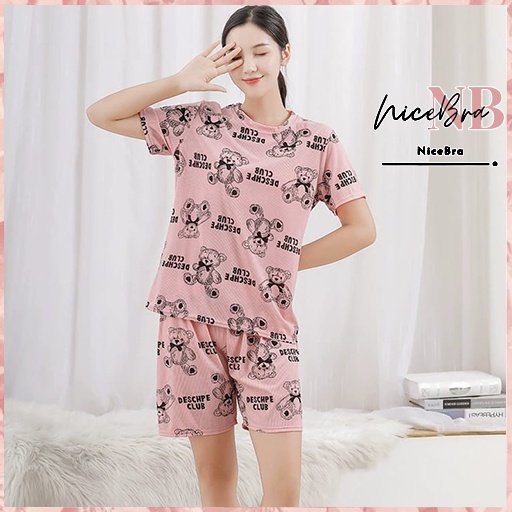 Nicebra Pakaian Wanita Baju Tidur Wanita Piyama Lengan Pendek Import Motif Teddy Bear Fit to XXL 4062