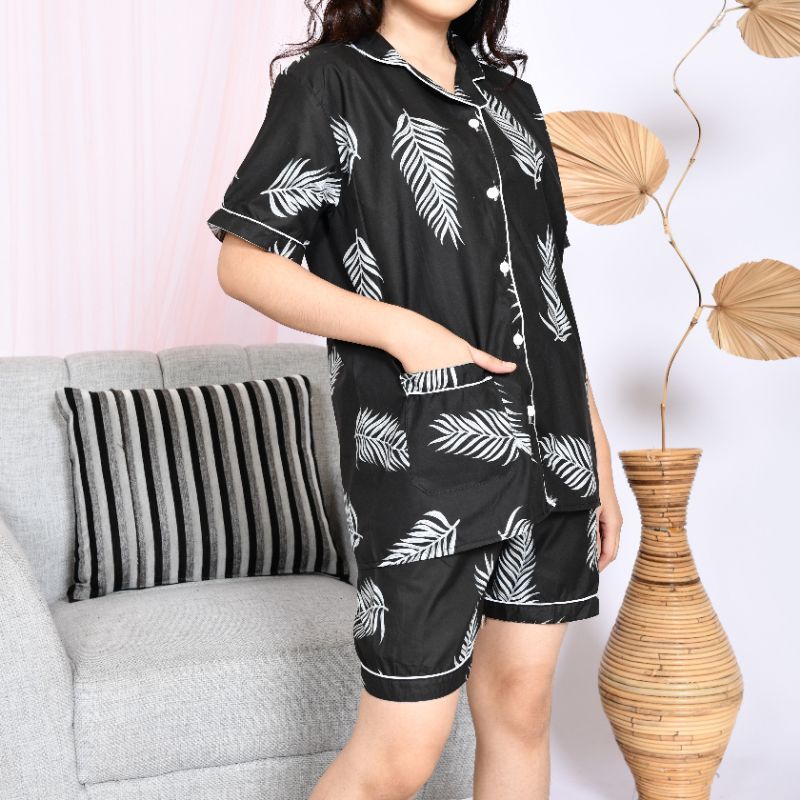 Baju Tidur Piyama Wanita/Cewek Pajamas Dewasa Katun Motif Mocca Daun HP Lengan Pendek Kekinian