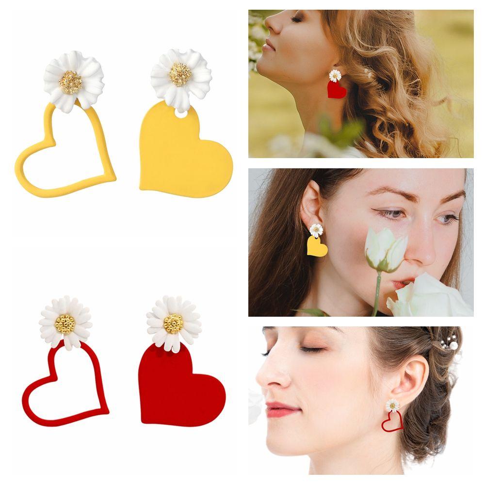 Preva Anting Bunga Daisy Bunga Hadiah Merah Kuning Perhiasan Fashion Manis Ear Stud