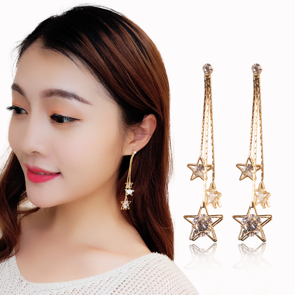 Fashion zircon mengkilap pentagram rumbai anting-anting anting-anting Korea gaya chic dan unik seder