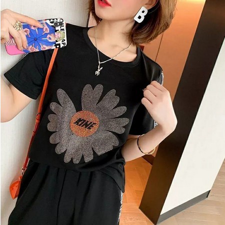 b029, import  Setelan Baju Kaos Motif SunFlower dan celana polos import fashion baju set wanita