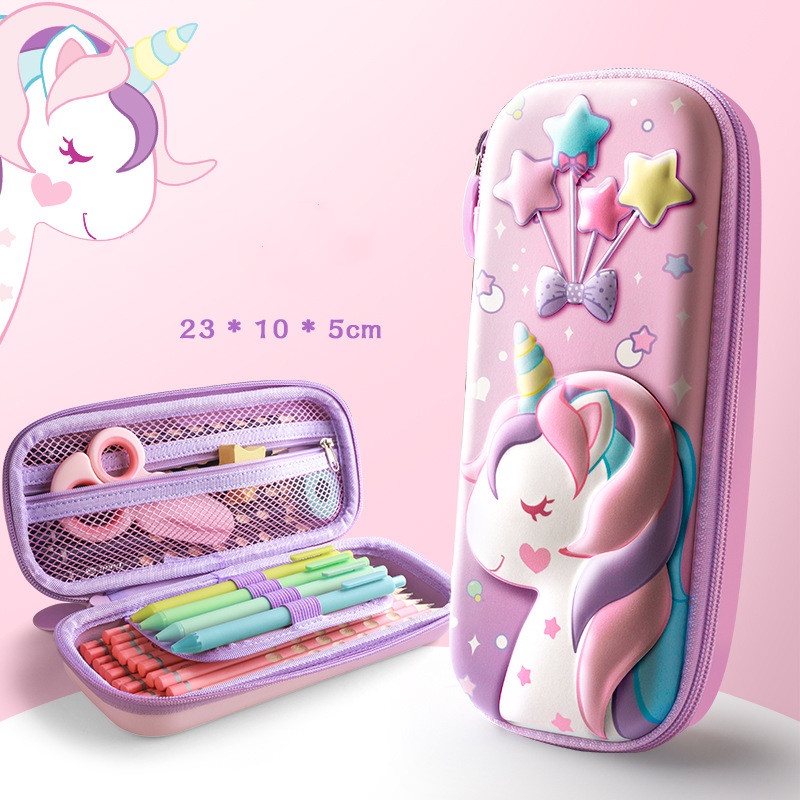 Kotak Pensil Tiga Lapis Motif Unicorn 3D Bahan EVA Kapasitas Besar Untuk Anak Sekolah