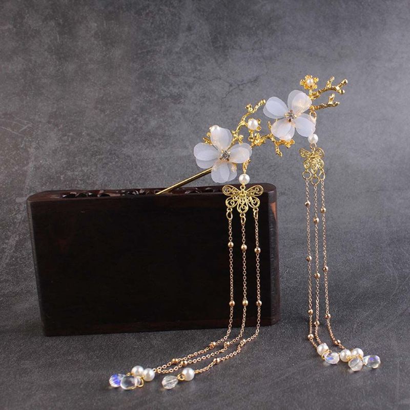 Oriental hair piece double flower tassel gold