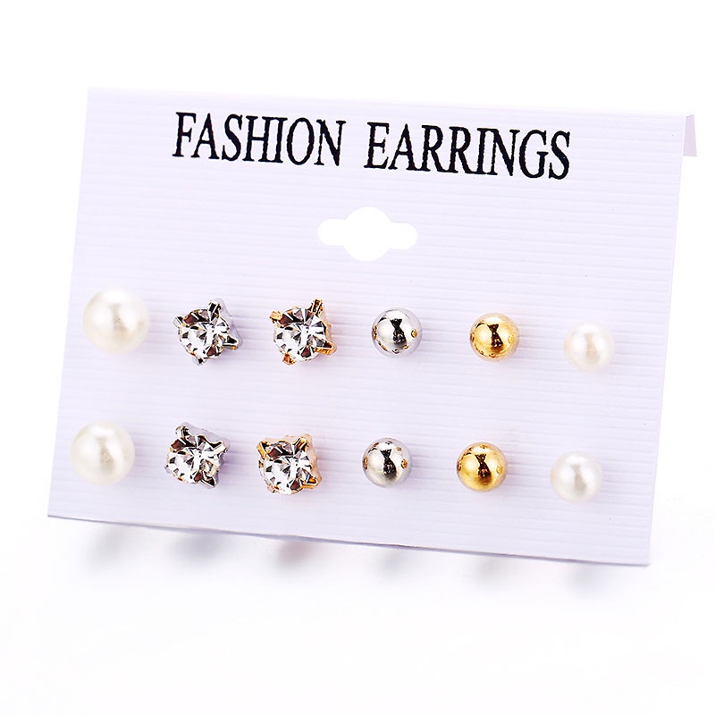 Set Anting Stud Mode Berlian Imitasi Mutiara Bulat Pejantan Aksesoris Earrings