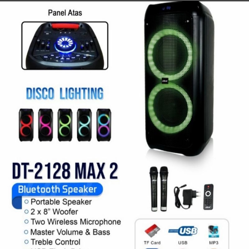Salon Bluetooth Portable DAT DT 2128 MAX 2 Speaker Karaoke Partybox Free 2 Mic Wireless Extra Bass