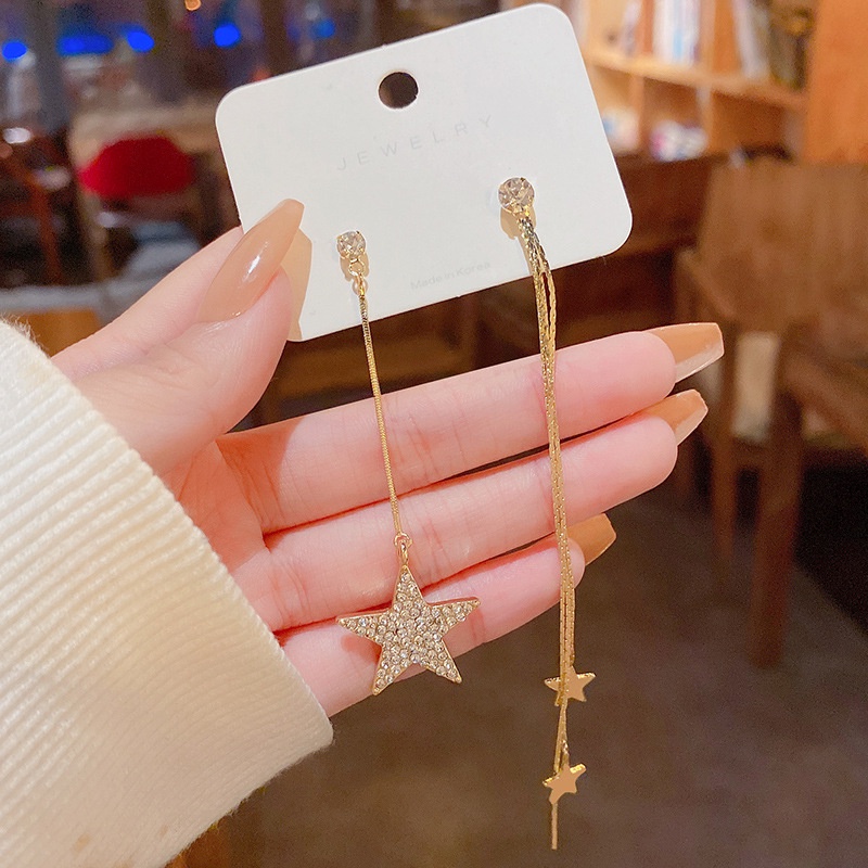 Anting Tusuk Gantung Panjang Asimetris Bahan Sterling silver 925 Desain Bintang Hias Zircon Untuk Wanita