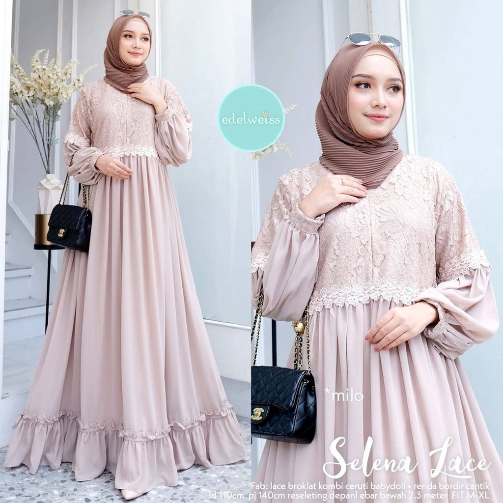 Selena Baju Gamis Brukat Remaja Dewasa Seragam Pesta Wanita Muslim-Gamis Brukat Jumbo Ukuran M L XL XXL 3XL 4XL