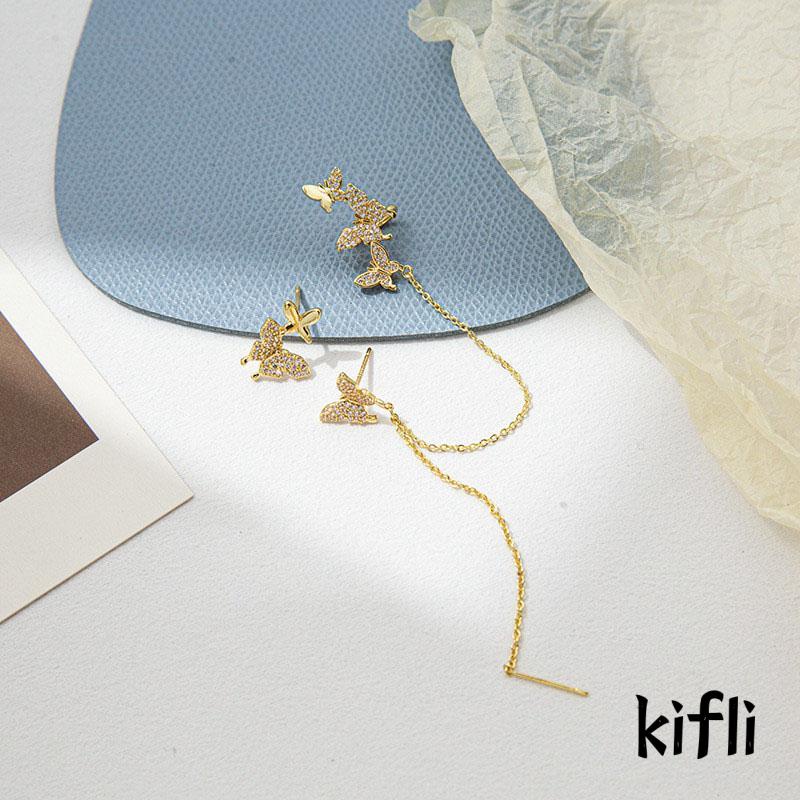 Anting Stud Rumbai Kupu-Kupu Asimetris