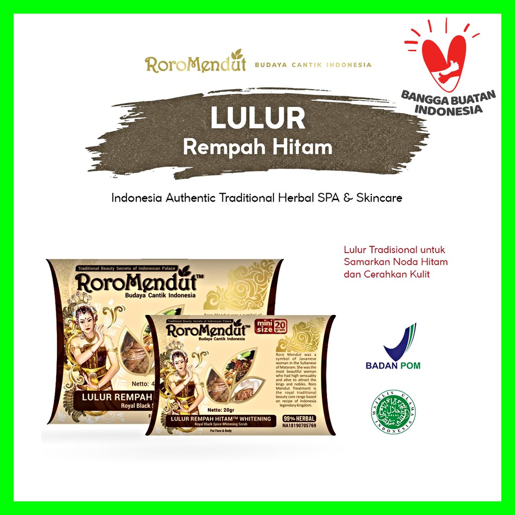 Roro Mendut Lulur Rempah Hitam Whitening Scrub Pemutih Kulit Wajah / Badan 20gr &amp; 40gr