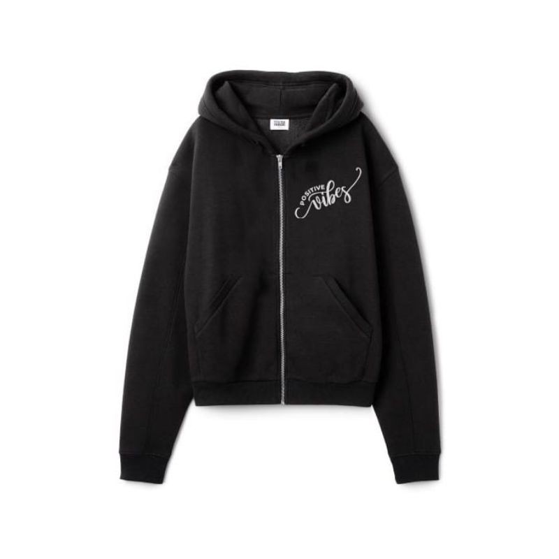 Jaket Hoodie Wanita Atasan POSITIVE VIBES Bahan Babyterry-HITAM
