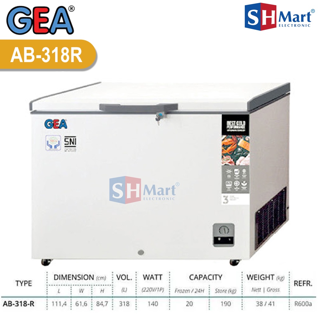 CHEST FREEZER GEA KAPASITAS 318 LITER AB-318R / AB318R FREEZER BOX GARANSI RESMI