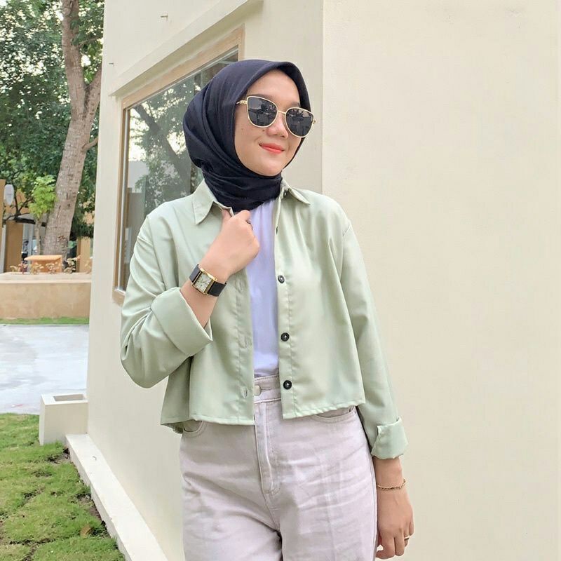 KEMEJA WANITA CROPTOP OVERSIZE POLOS LENGAN PANJANG KATUN RAYON CROP LONG SLEEVE ORGANIK-Kmj crop mint
