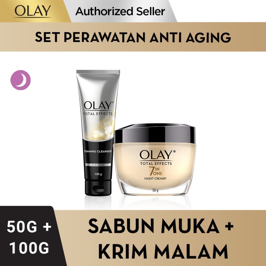 Olay Total Effects 7in1 Paket Hemat Perawatan Kulit Anti Aging Malam - Pembersih Wajah &amp; Moisturizer Malam