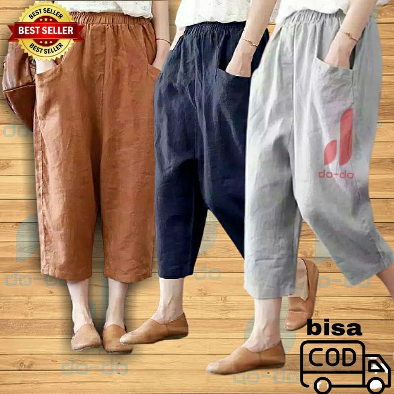♀️CELANA LINEN CROP KEKINIAN BAGY PANTS 7 9 WANITA KOREA MURAH