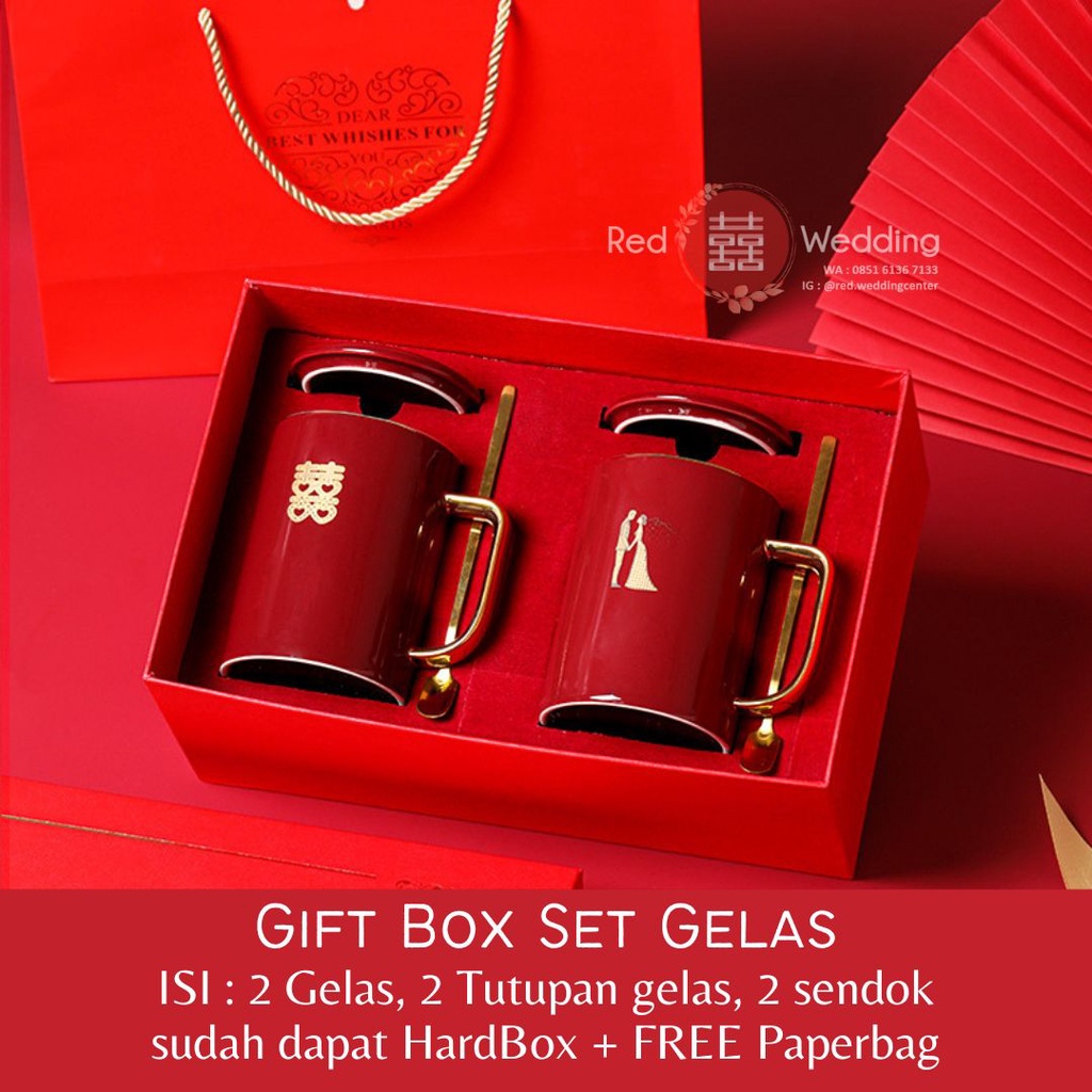 Gift Set Gelas Wedding Coffee Mug Bahan Keramik Warna Merah Motif Love Shuang Xi Double Happiness dapat Gift Box