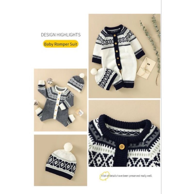 Jumper rajut kupluk jumpsuit bayi