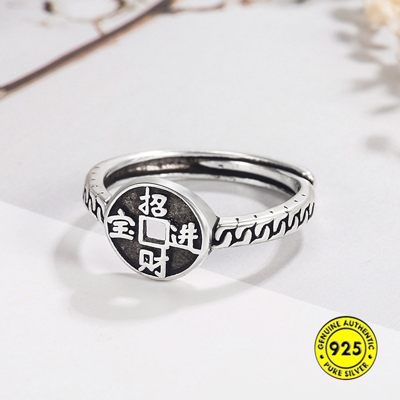 Cincin Tembaga Silver Vintage Desain Koin Fortunes U1013