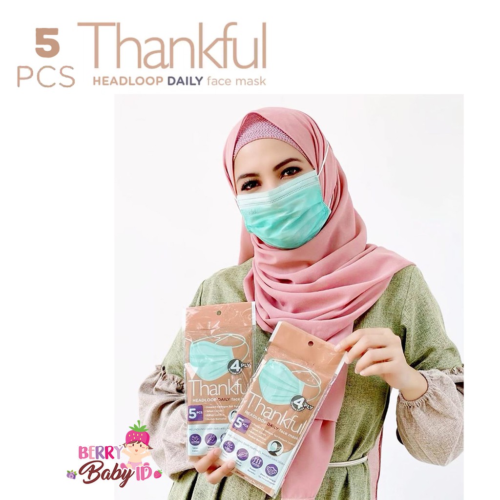 Thankful Masker Hijab Dewasa 4 Ply Isi 5 Pcs Headloop Daily Face Mask Berry Mart