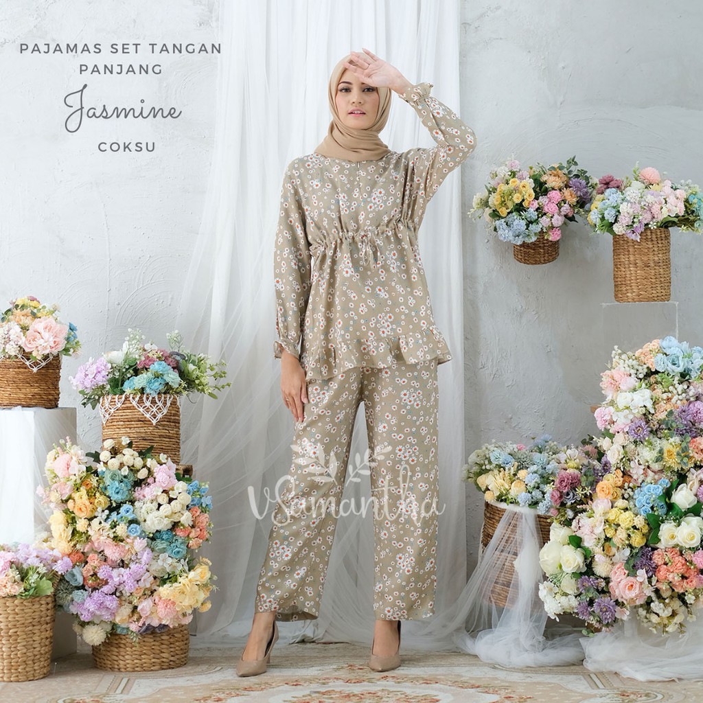 vSamantha - Pajamas Set / Piyama Set Muslim Rayon Rempel Busui Friendly - Tangan Panjang-Jasmine Coksu