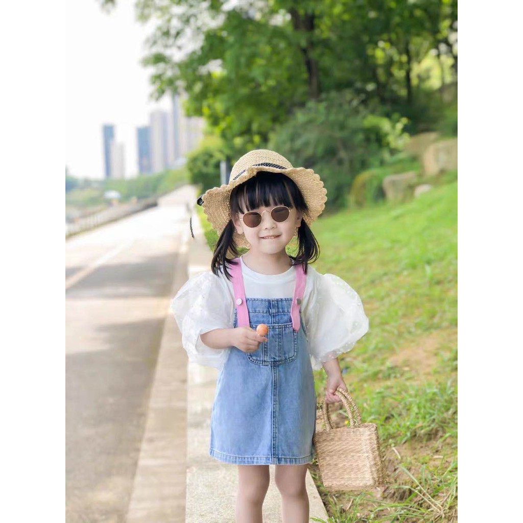 KF CAT Dress Anak Perempuan Overall Rok Jeans + Dalaman Kaos Lengan Pendek Cewek Santai Fashion Import-4