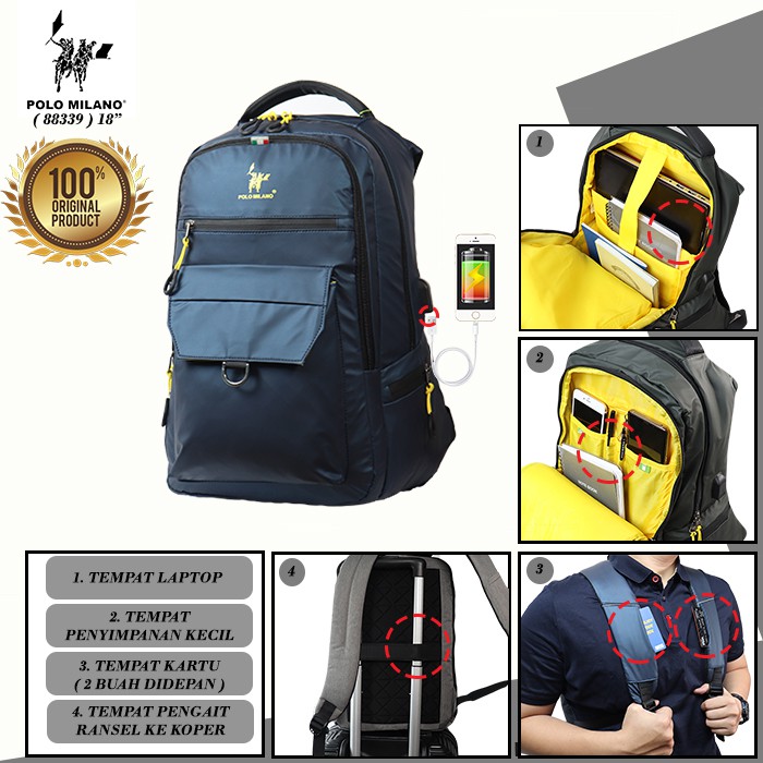 BEST SELLER TAS RANSEL PRIA IMPORT POLO MILANO - 88339 - FREE BOTOL - TERLARIS USB ANTI AIR MURAH