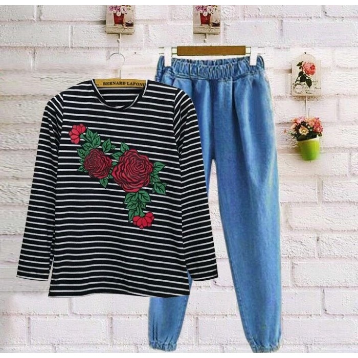 F184 St Joger Shakira Setelan Wanita Baju Pakaian Perempuan Cewek Motif Cantik Spandek Hitam Black