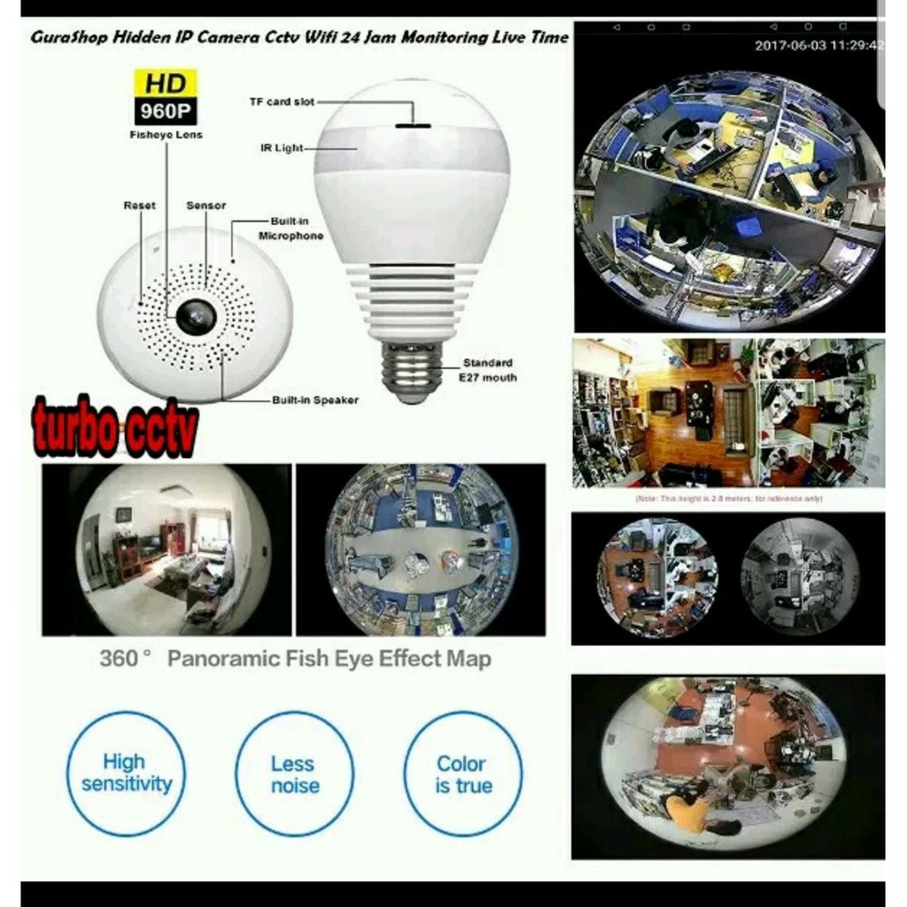 cctv panoramic 360 lampu bohlam wifi live jarak jauh android spycam ip cam V380 cctv online cctv