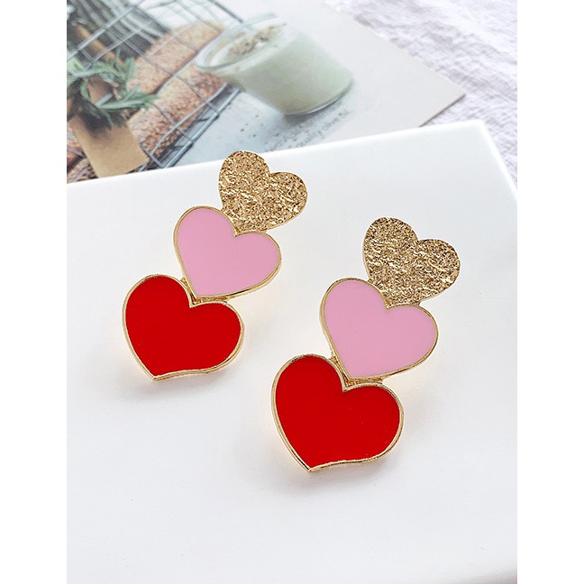 LRC Anting Tusuk Fashion Red Alloy Red Three Love Earrings F54109