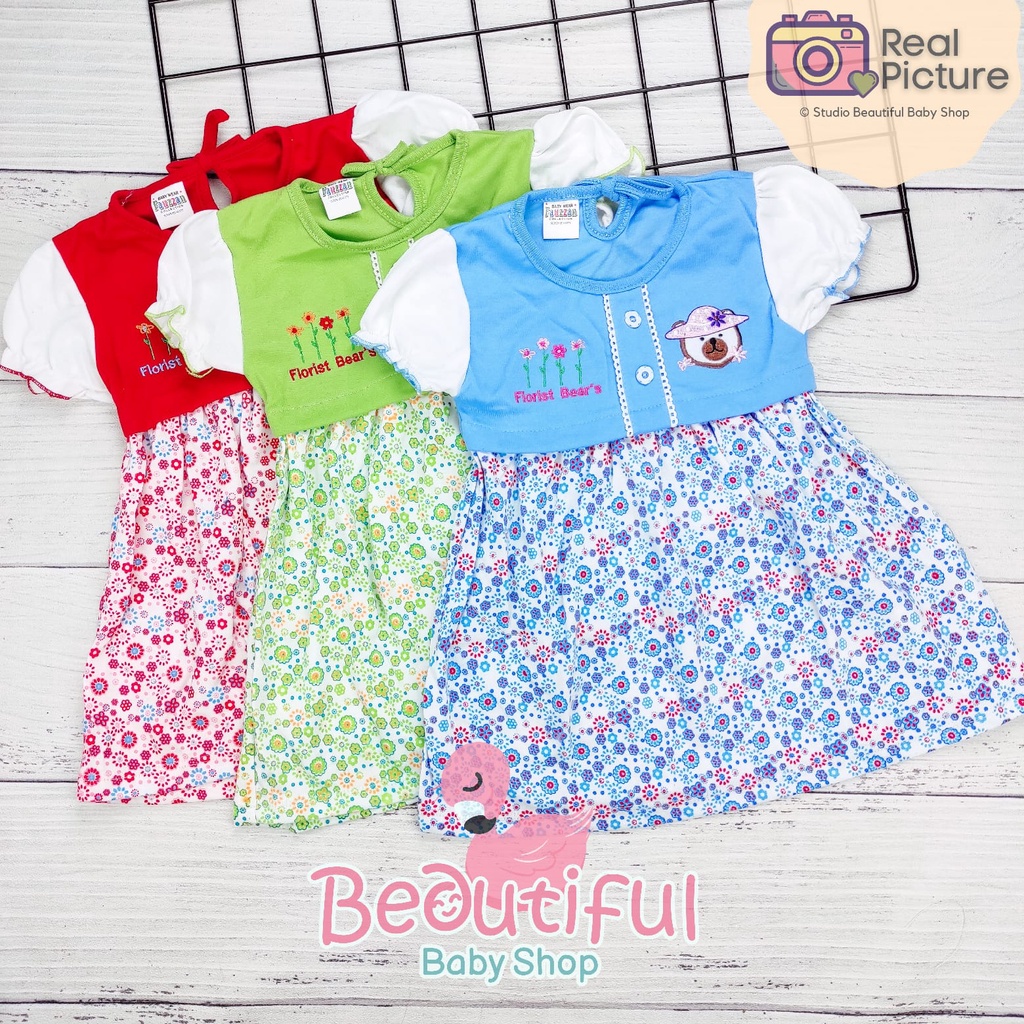 Dress Bayi Perempuan Motif Florist Bear Usia 3 sd 18 Bulan / Gaun Rok Baju Bayi Perempuan  Merk Fauzan / Baby.ou