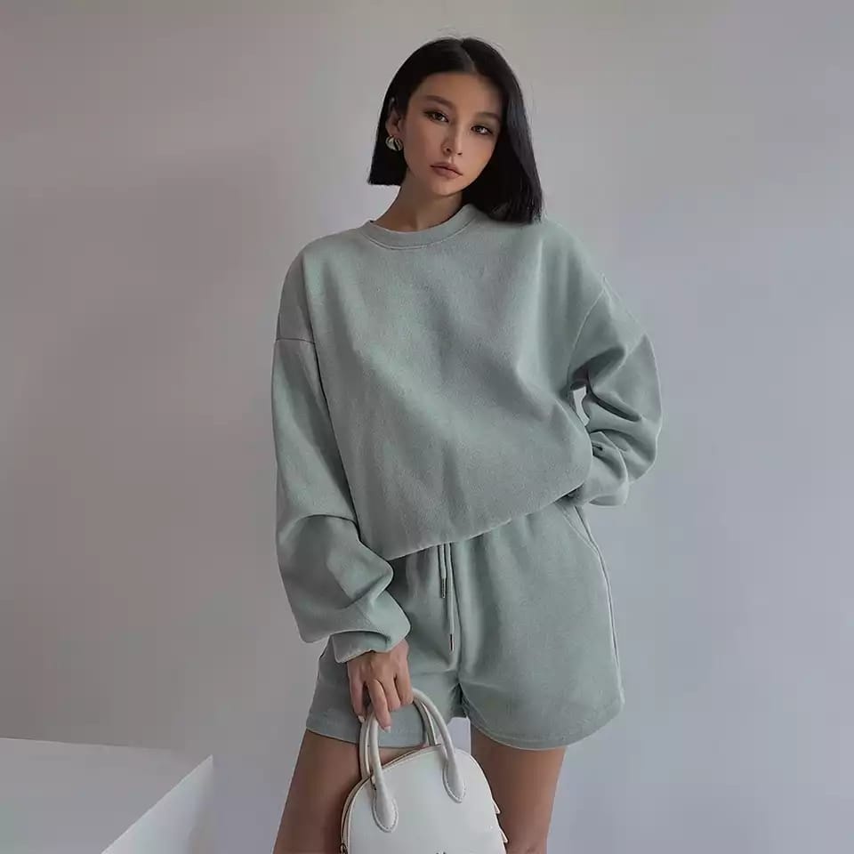 setelan wanita kekinian set Korea terbaru 2021 casual warna mint baju sehari-hari bahan flecee ld105