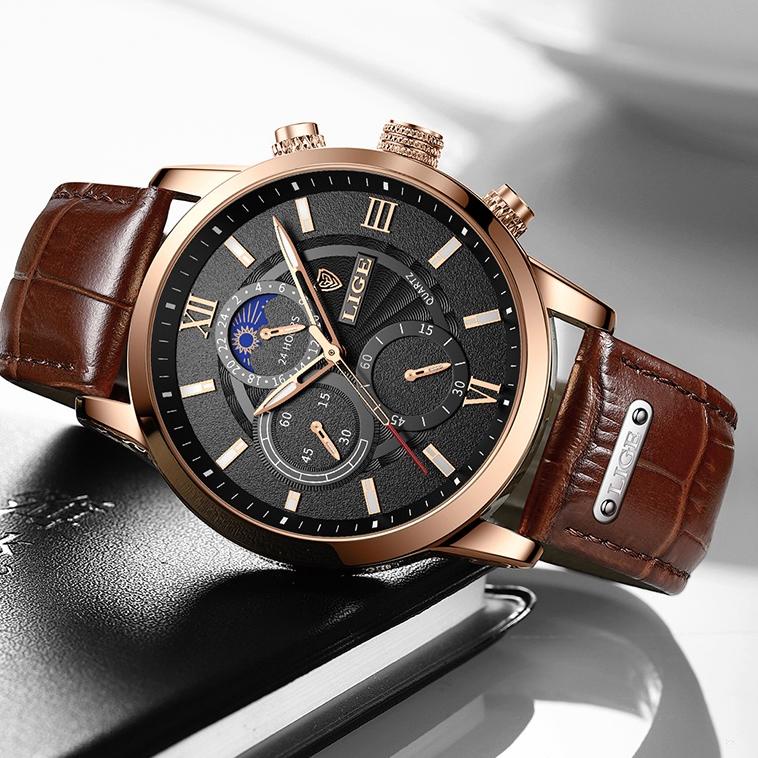 Ndv40 LIGE 2021  original jam tangan pria tali kulit anti air olahraga kronograf jam tangan + kotak .,,.,.,