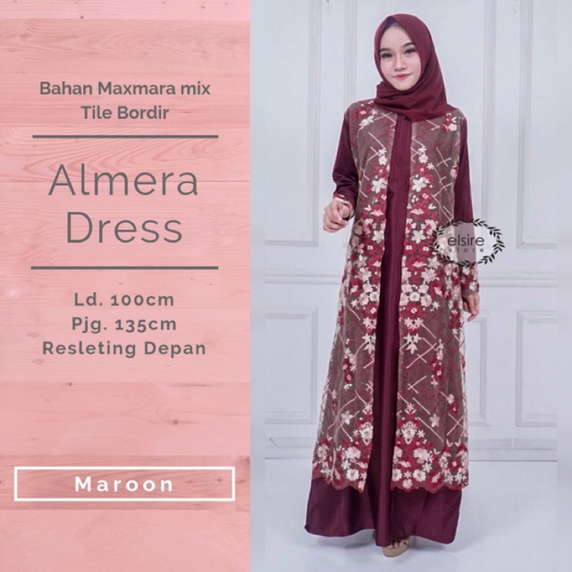 ALMERA DRESS Gamis Busui Fashion Muslim Motif Tile Bordir Furing Wanita Murah Ori By Elsire