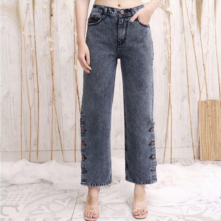 BEFAST - ZEC OOTD Wanita Celana Jeans ASUYRA / Boyfriend Kulot Kancing Rumbai Vivian / Jeans Wanita