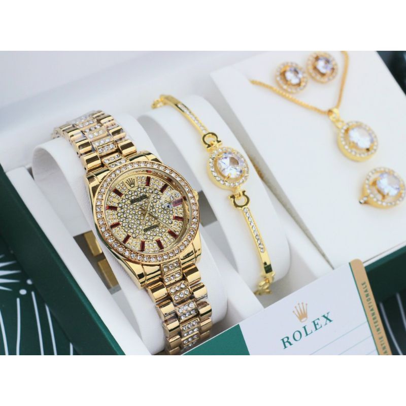 Jam Tangan Wanita Rolex full Set Free Anting+Kalung+Gelang+Cincin+Box Terbaru