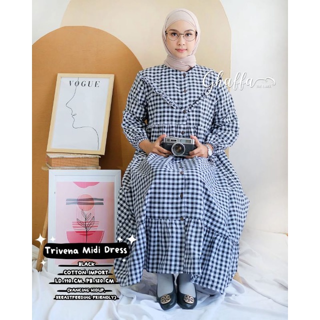 Trivena midi dress motif kotak-kotak bahan katun by ghaffa the label