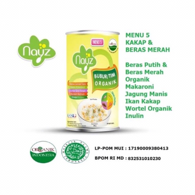 Nayz bubur organik menu 5 (kakap) kemasan kaleng 300gram