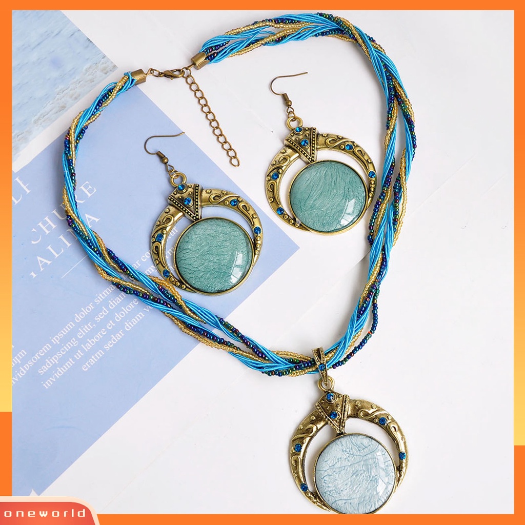 2pcs / Set Anting Kait Kalung Rantai Multilayer Liontin Manik-Manik Ukir Bulat Unik Gaya Bohemian