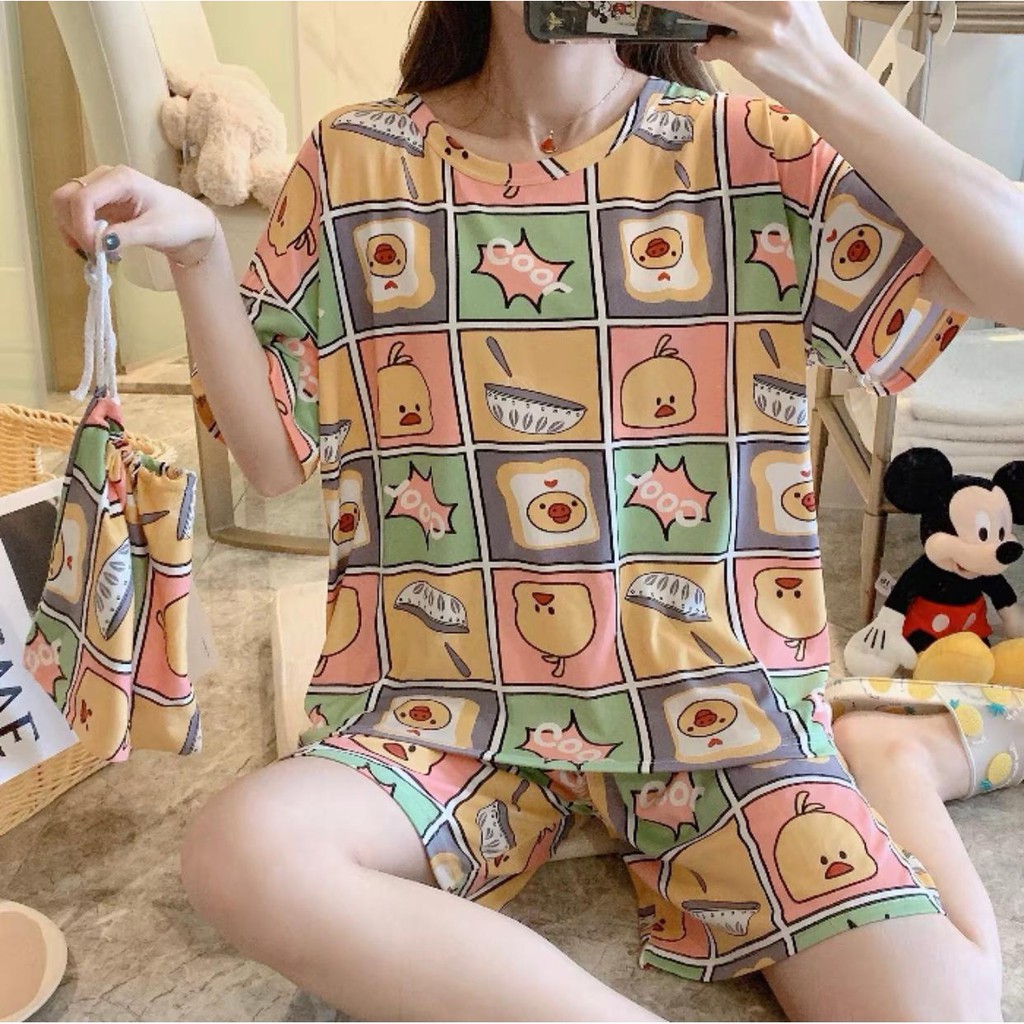 Baju Tidur Piyama Set/Piyama Wanita Import/Baju Piyama Pendek/Short Sleep Wear-K2-Bebek Kotak